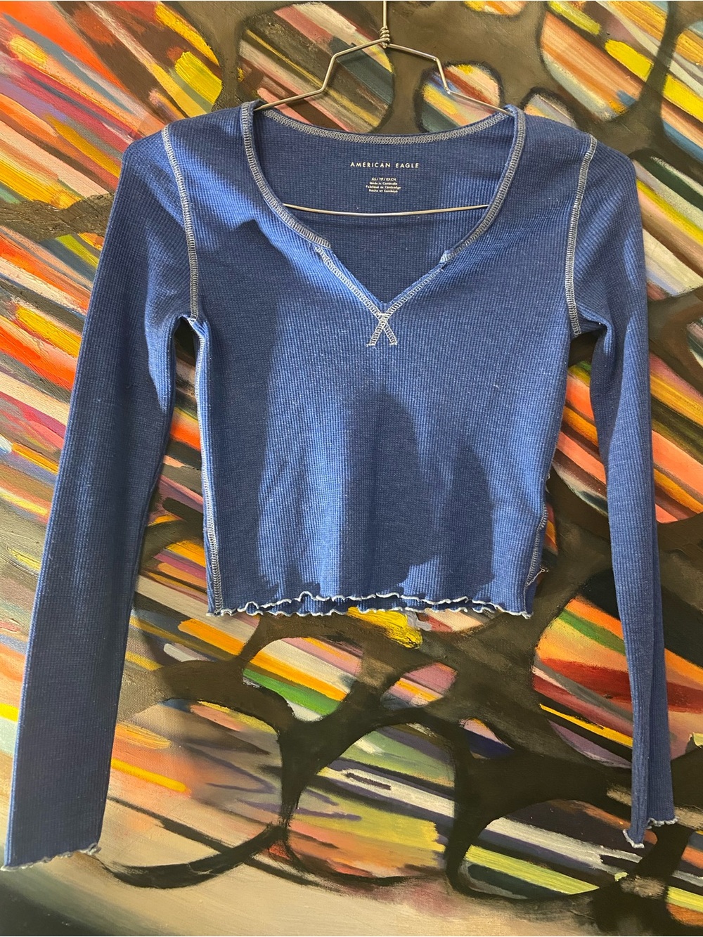 American Eagle Navy Blue Ribbed Long Sleeve Crop Top XS